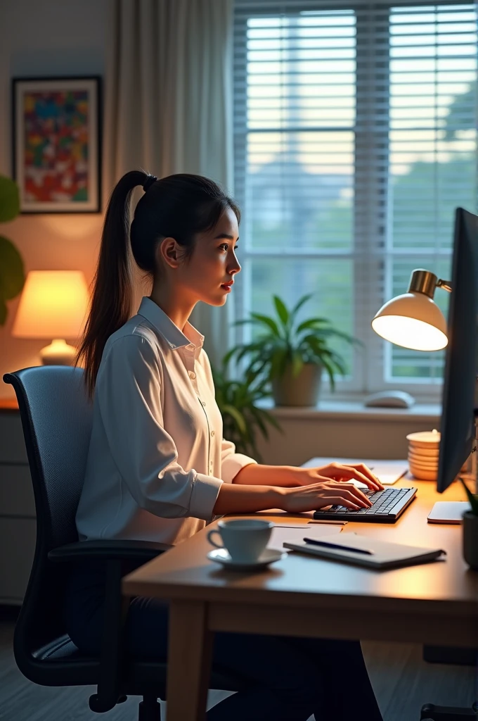 An office scene sitting at a desk, focused on data entry work. The person is typing on a computer keyboard with spreadsheets or data fields visible on the monitor. The environment is organized, with a cup of coffee, a notebook, and a pen on the desk. Soft lighting from a nearby lamp casts a warm glow, and the person appears attentive and absorbed in the task. The background features a window with blinds partially open, letting in natural light