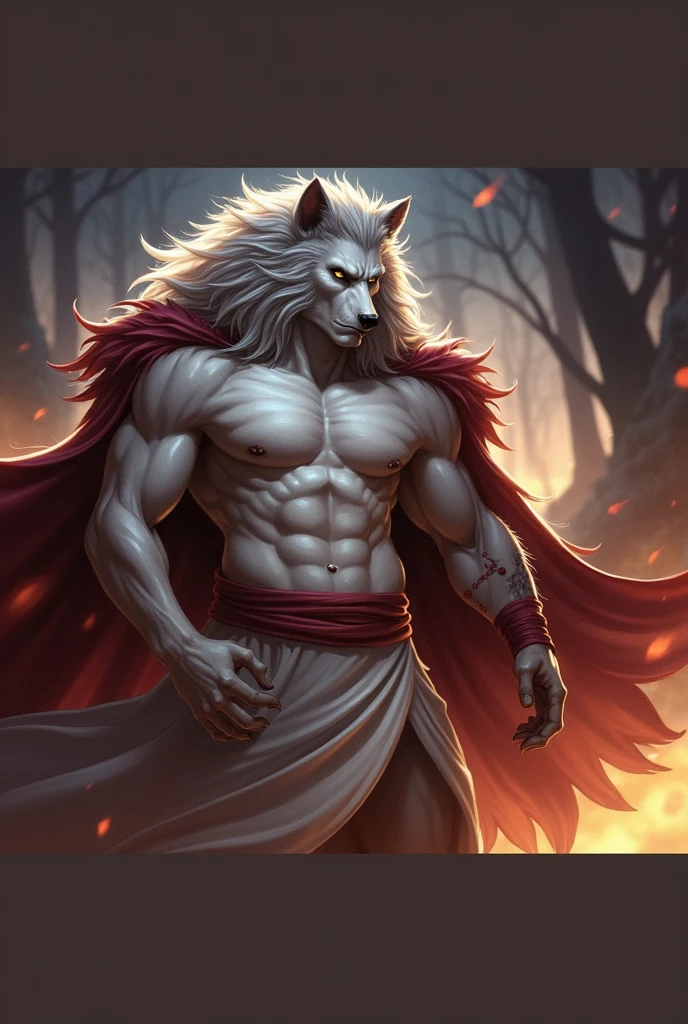 Male werewolf, Slim body , Wolf Man , White belly , White Face , White long hair , naked , Big penis , erection , lure , Gentle eyes , whole body , Adult