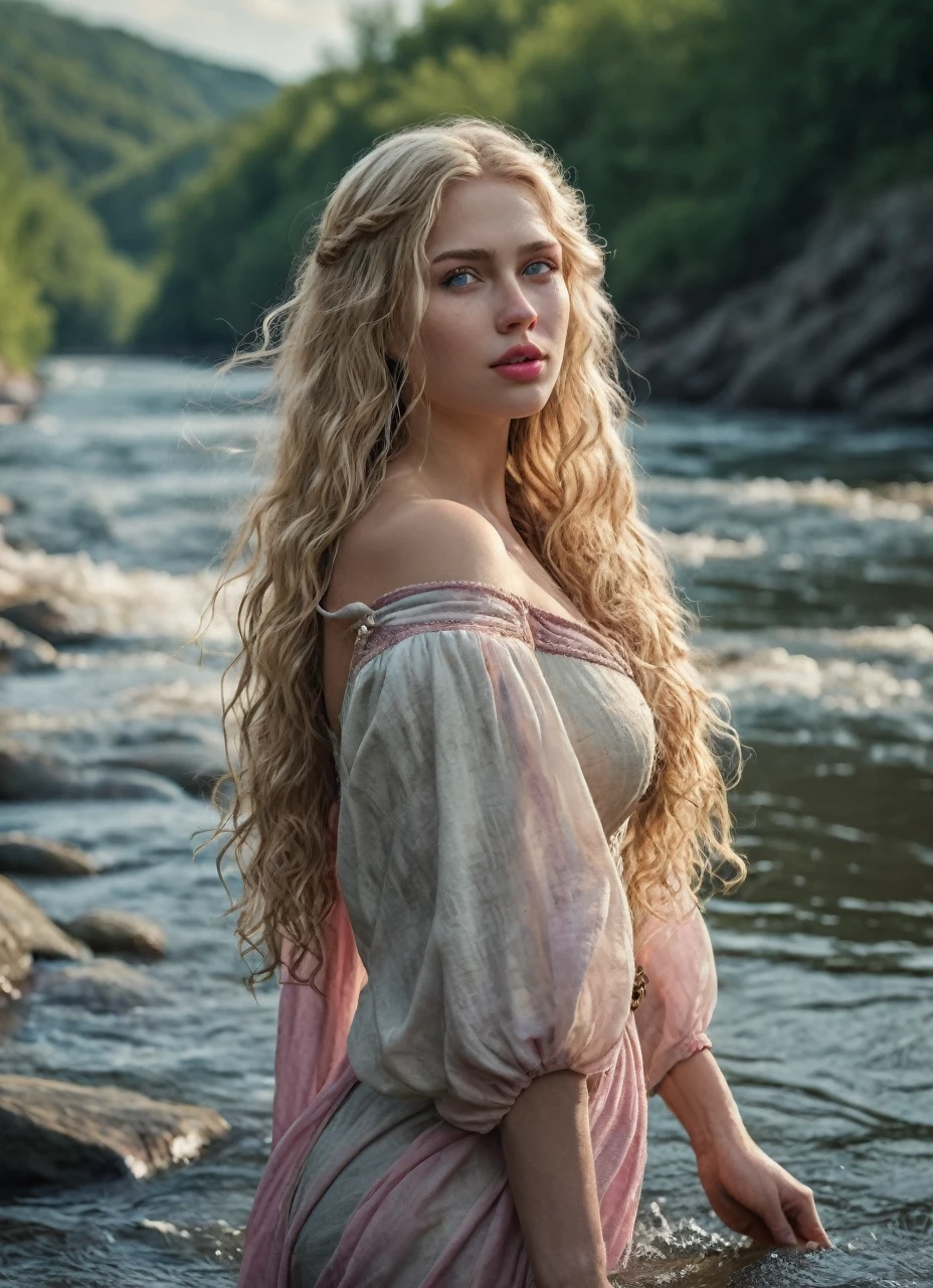 viking woman, long wavy blonde hair,full body side view, goddess body, , Natural pink lips, beautiful eyes, coming out of a river, perfect body, 8K photo quality, Realistic details, ultra definition.