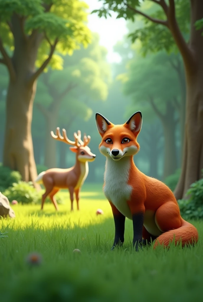 a fox on the background of a green grovedeer with horns side view of a field with green grass in 3D model styles camera view far