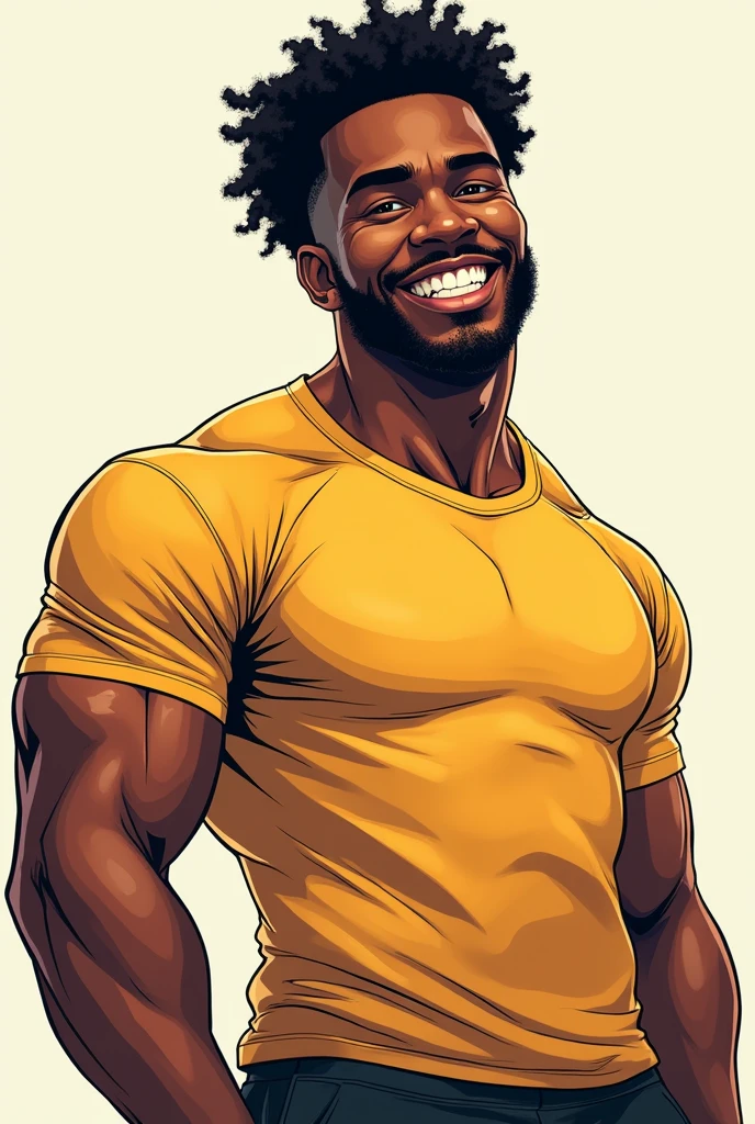 Style manga, Un homme 38 ans noir peau foncée, dark brown eyes, very black frizzy hair. Short hair shaved on the sides. Visage rectangulaire, flat nose and fleshy mouth. Muscle. T-shirt de coach foot. Il sourit. small