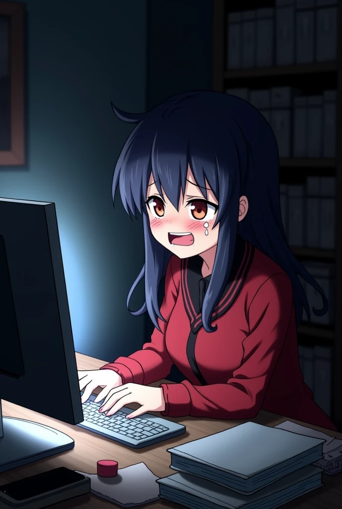 Megumin from konosuba, crying in front of his computer, comic art, nsfw