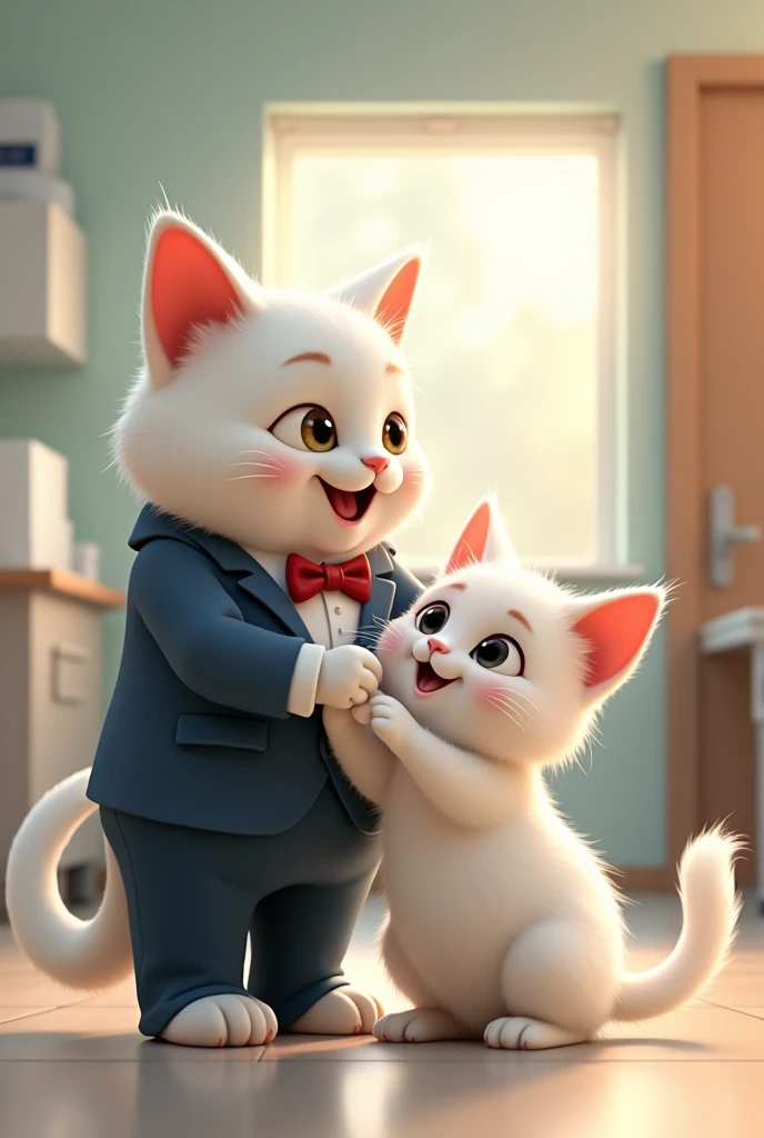 The small white cat's father white cat in suit had adopted the cat in the hospital in happy mood.
