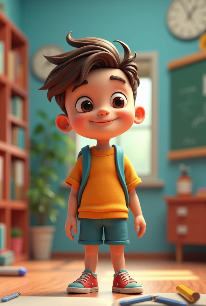 I want a 3D animated boy with a nice background of a school or with school things To use as a background for a badge with spaces to put letters