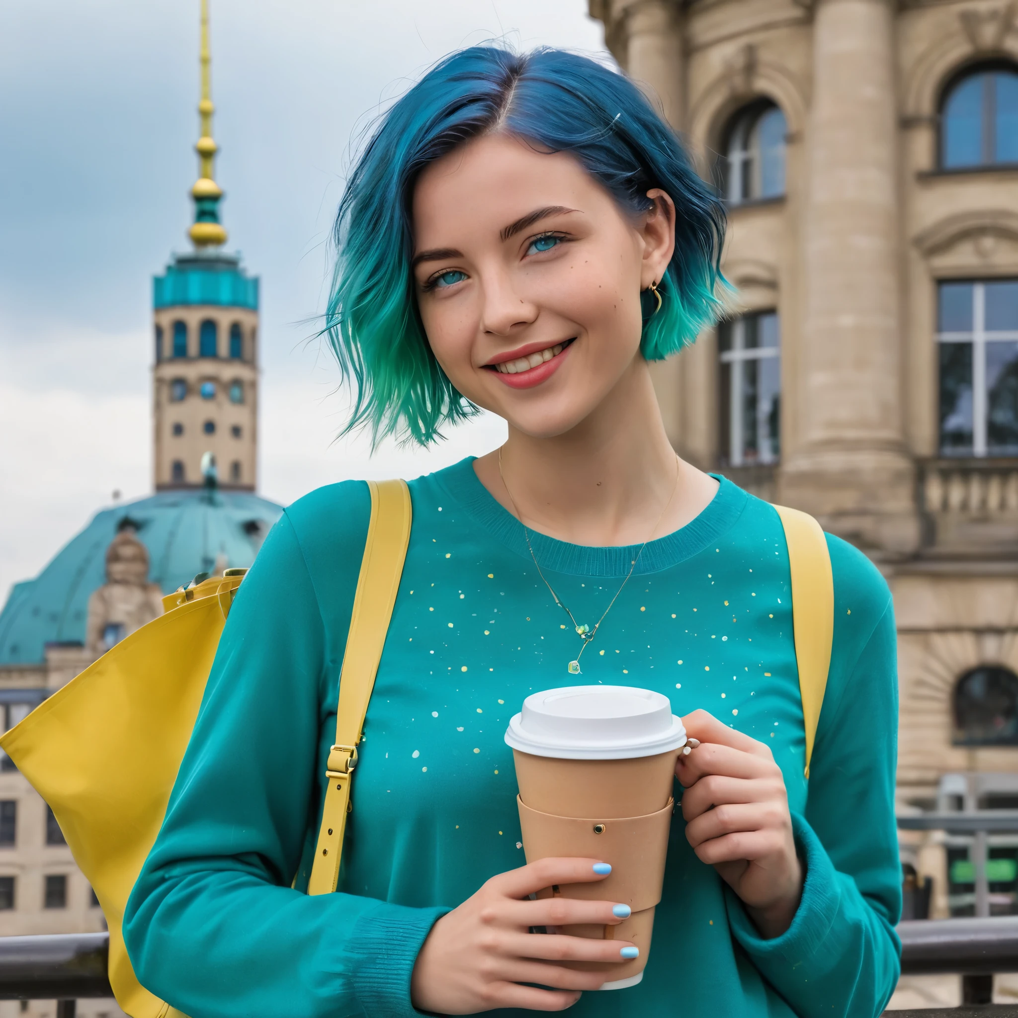 Woman 20 Years Old Nordic Ethnicity, short blue hair with a perfect face and light freckles, Blue-Green Eyes, A photo of NovaiBrew standing in front of an iconic Leipzig landmark, the Leipzig Panorama Tower, She’s holding a cup of coffee in one hand, and you can see a small bag with her DJ or music production equipment at her feet. The atmosphere is lively and vibrant, capturing the excitement of her first day in the city. ((grin)), (((smiling))), (((Color palette - turquoise, neon green, yellow shades)))