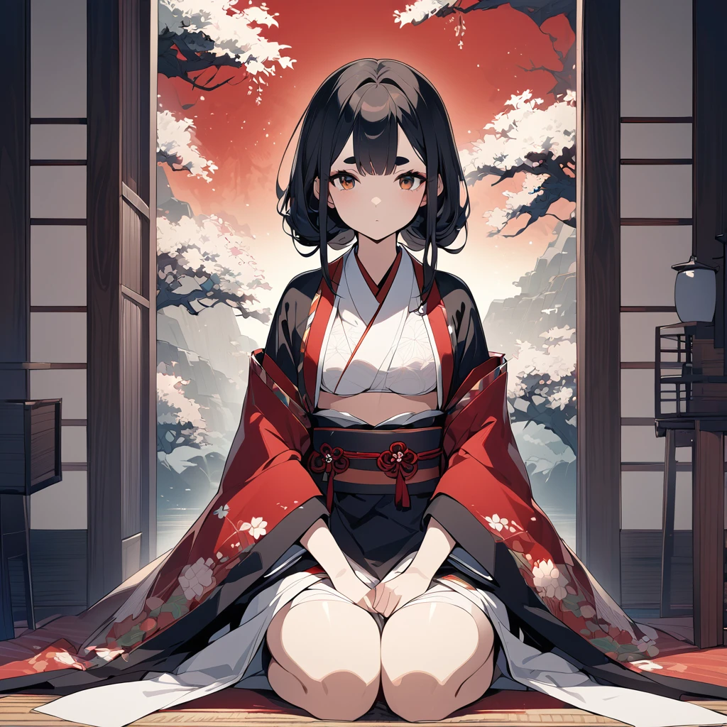 A very high-quality anime-style illustration featuring a beautiful, girl with black hair and thick eyebrows. She is wearing a vibrant kimono adorned with intricate embroidery. The girl has vacant, distant eyes, staring softly at the viewer. She is sitting in a traditional Japanese room, kneeling in a formal seiza position. The atmosphere is calm and slightly melancholic, with attention to detail in the traditional setting and the girl's delicate features,ripped silk White bikini,open clothes