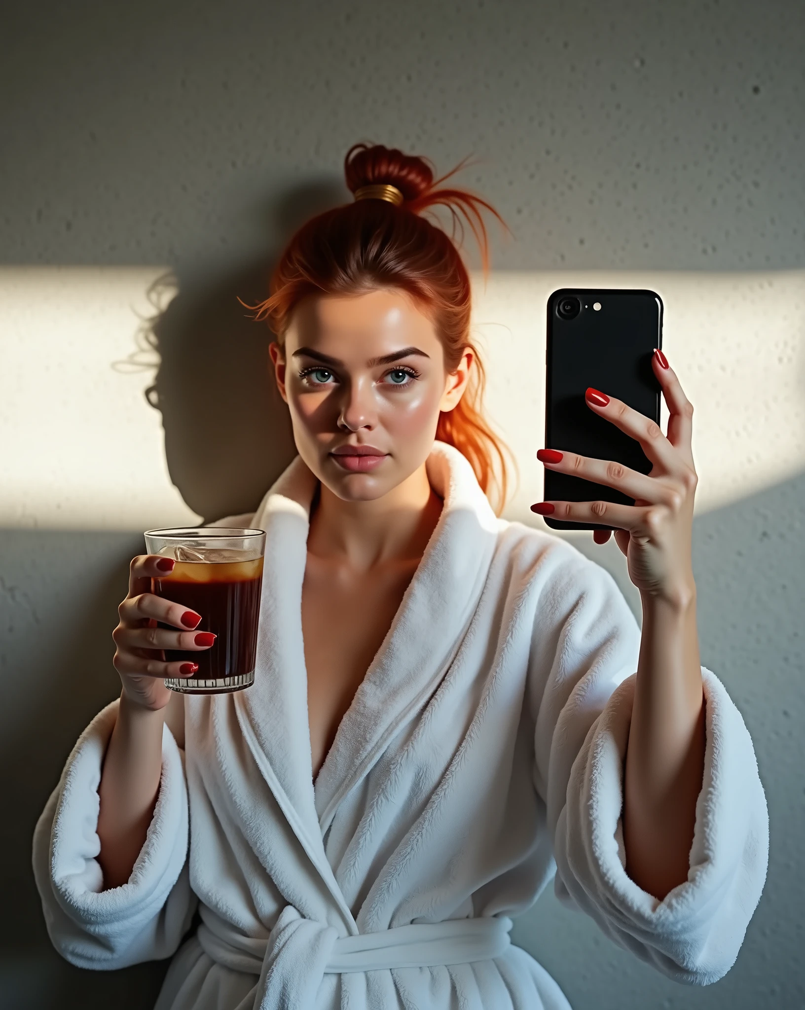 “A young woman with reddish-orange hair tied back, standing against a plain wall. She is holding a glass of iced coffee in one hand and a black smartphone in the other, taking a mirror selfie. She is wearing a white bathrobe, with soft lighting casting a warm, natural glow on her face. The overall mood is relaxed and casual, with attention to detail on her makeup, which is natural, and her nails, which are painted red.”