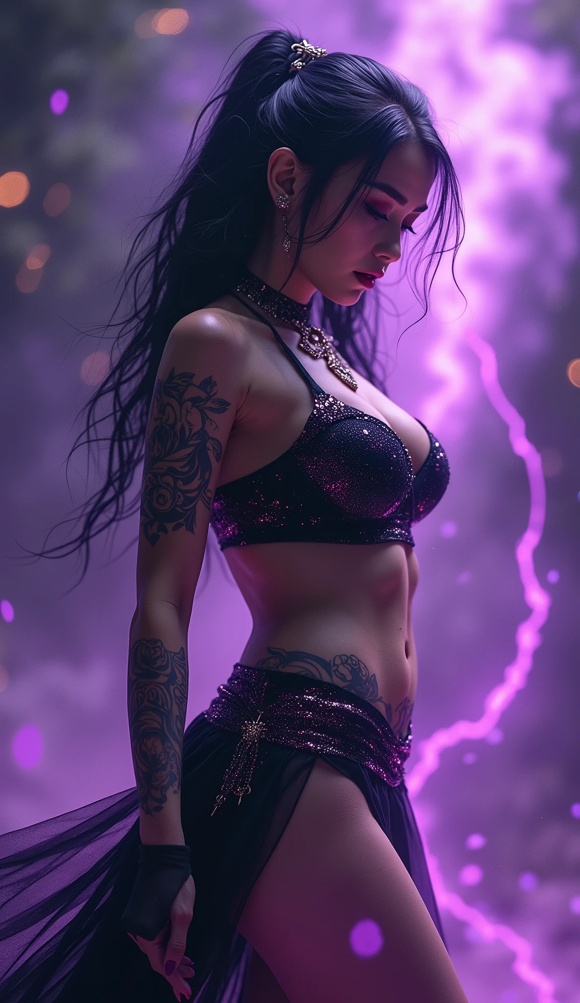 A sexy witch (Malaysian woman, age 40, busty, big butt, sexy black lingerie with purple sequins, violet arcane tattoos, evil body jewelry) calling dark energies to shoot lightning, twilight, dark energy swirls around her, show her from head to toe