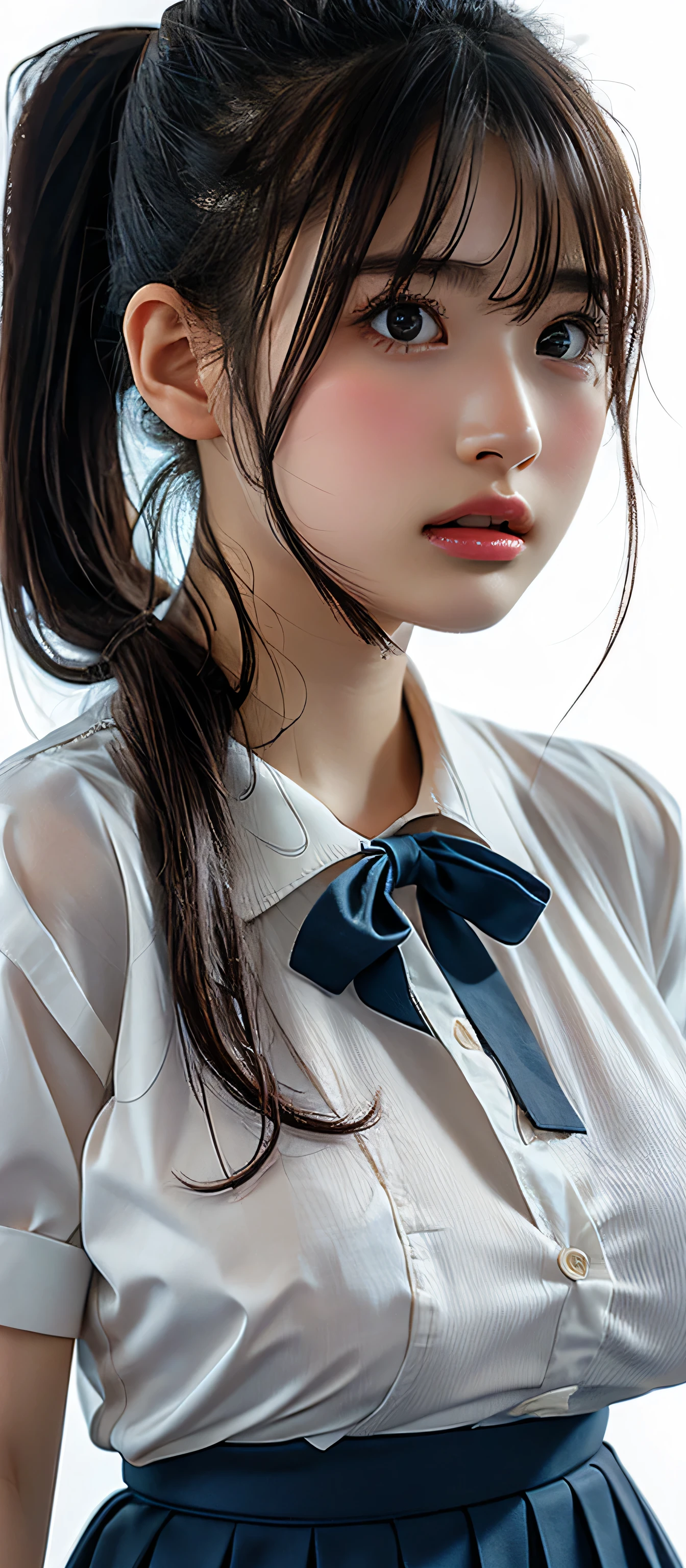 (Highest quality、Tabletop、、Best image quality、Award-winning works)、e schWhite polyester collared shirt、Short sleeve:1.4)、(Navy Pleated Skirt:1.1)、Portrait of、Glowing Skin、Brown Hair、Are standing、Sculpture Pose、(The simplest pure white background:1.1)、(Extremely large face and larger breasts:1.8)、Accentuate your body lines:1.1)、Very large red ribbon tie、(High point ponytail:1.45)、smile、((Half naked))