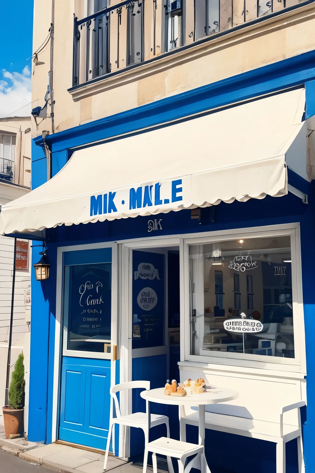 In door eat-in space image for a milk specialty store based on bright blue, white, and black.
 It a small store with about 10 seats for eating in. 
A cute, pop-style French country-style shop for women. Fresh milk for sale、Soft serve ice cream and milk pudding、A store that also sells milk donuts.