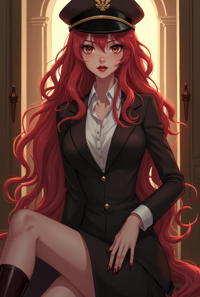 anime, smooth, perfect quality, perfect anatomy, good quality, woman, light skin, red wavy long hair with bangs, serious brown eyes, dark reddish lipstick at the lips, brown captain hat, brown coat, black and white long dress, dark brown long boots on the heels, warm colors
