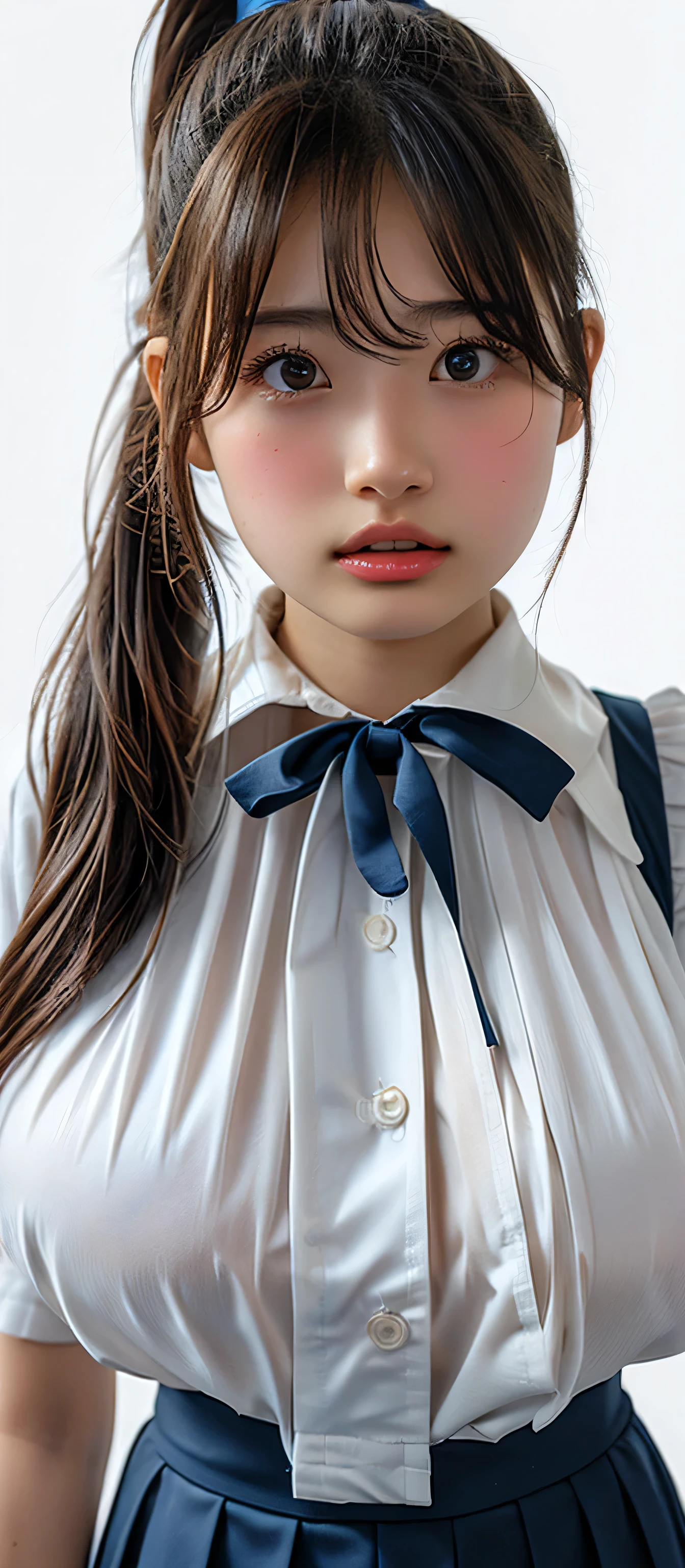 (Highest quality、Tabletop、、Best image quality、Award-winning works)、Cute school girl、けたWhite polyester collared shirt、Short sleeve:1.4)、(Navy Pleated Skirt:1.1)、Portrait of、Glowing Skin、Brown Hair、Are standing、Sculpture Pose、(The simplest pure white background:1.1)、(Extremely large face and larger breasts:1.8)、Accentuate your body lines:1.1)、Very large red ribbon tie、(High point ponytail:1.45)、smile、((Half naked))