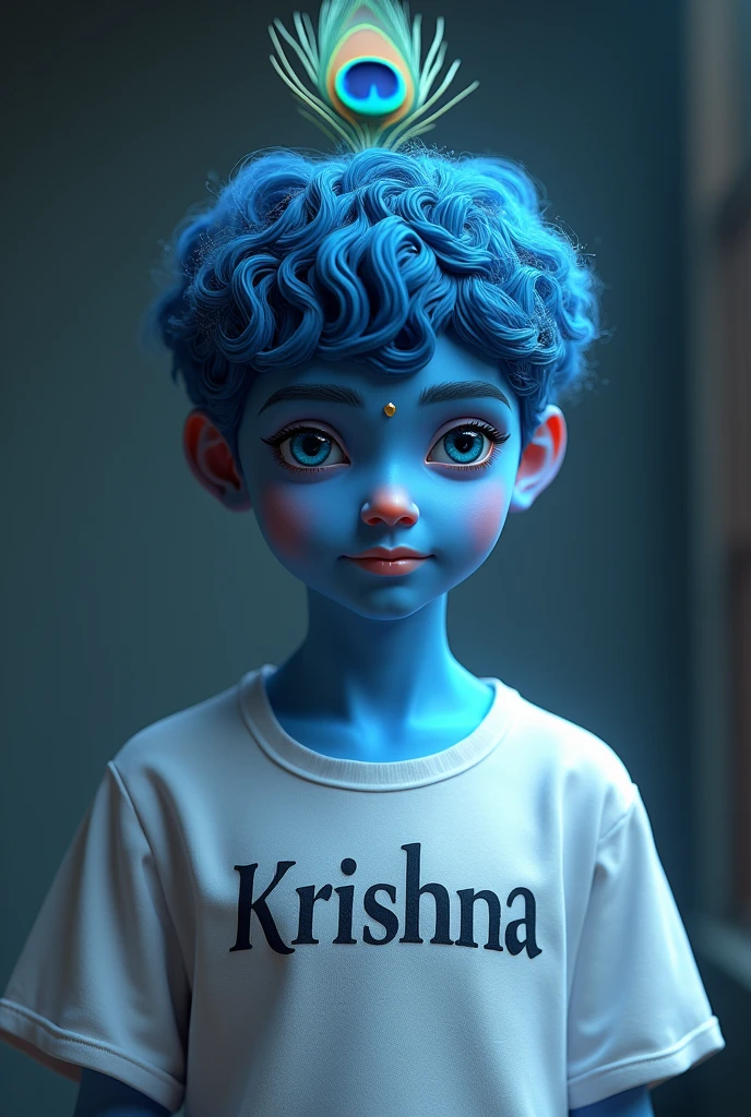 A boy with blue skin such that KRISHNA is written on his tshirt and peacock feather in his head