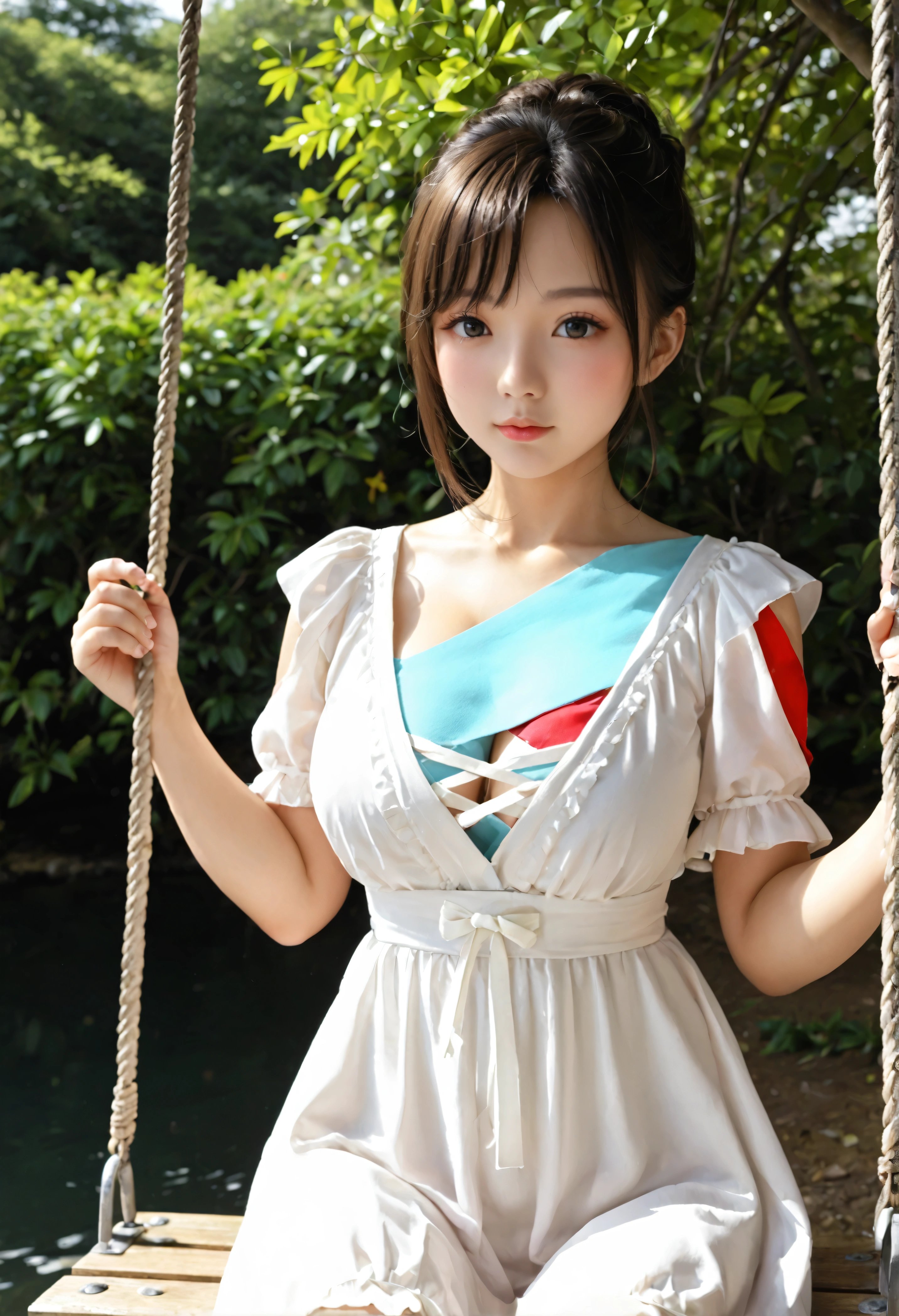 Japanese beauty、2、F cup bust model、Cleavage、White dress、Panty shot、Paddling on a swing、Panty shot