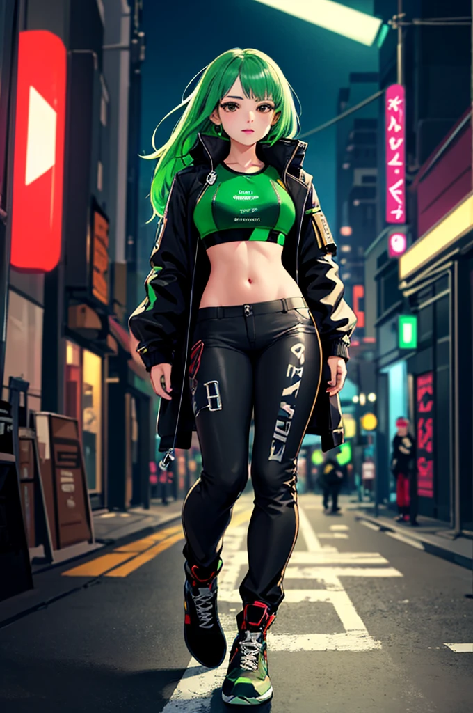 high quality, subsurface scattering, chromatic lighting,
colorized, green + white limited color palette, 
detailed concept drawing,
Street girl, cyberpunk, futuristic, full body, no weird things or color on her face,
portrait, 20yo 1girl, medium soft breasts, slender, crop top, jacket, combat pants, long green hair, black eyes, posing