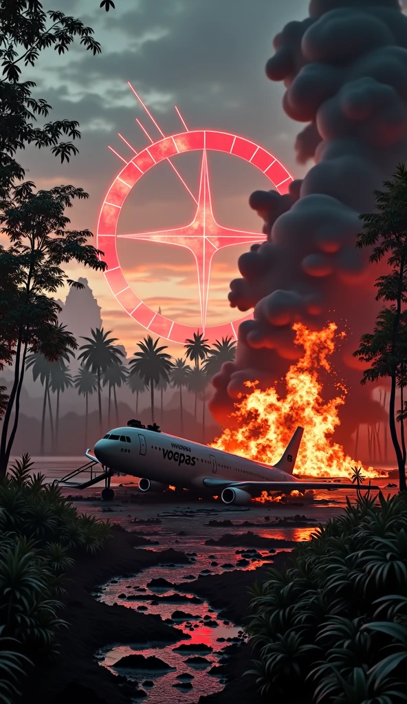“A fiery crash scene in a dense jungle at twilight. Smoldering wreckage from the Voepass plane is scattered across the ground, with pieces of the fuselage twisted and charred. Thick, black smoke billows upward, engulfing the scene in chaos. In the foreground, a wing fragment bearing the Voepass logo is partially buried in the debris. Flames lick the trees, casting an orange glow over the wreckage. Overhead, a large red warning symbol and jagged radar lines streak across the sky. The title reads ‘Voepass Tragedy: Disaster in the Sky’ in bold, shattered letters with an explosive visual effect.”