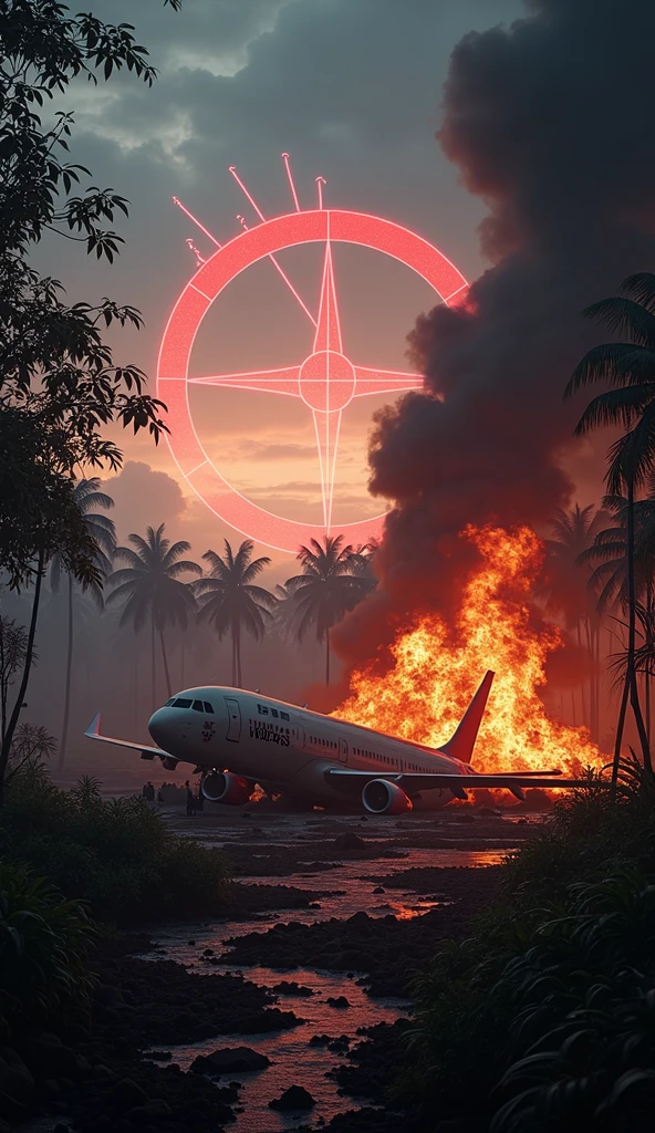“A fiery crash scene in a dense jungle at twilight. Smoldering wreckage from the Voepass plane is scattered across the ground, with pieces of the fuselage twisted and charred. Thick, black smoke billows upward, engulfing the scene in chaos. In the foreground, a wing fragment bearing the Voepass logo is partially buried in the debris. Flames lick the trees, casting an orange glow over the wreckage. Overhead, a large red warning symbol and jagged radar lines streak across the sky. The title reads ‘Voepass Tragedy: Disaster in the Sky’ in bold, shattered letters with an explosive visual effect.”