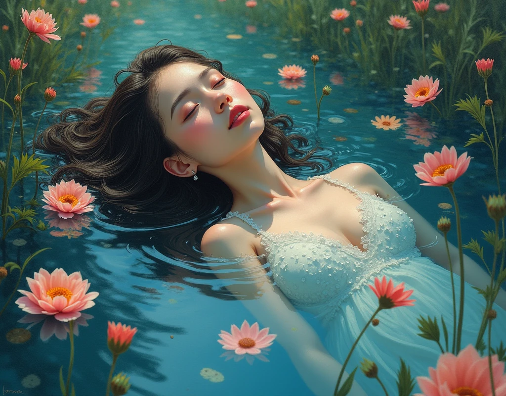 (Best quality,8K,high resolution,masterpiece:1.2),Oil painting,(((a girl floating in the water))),《Ophelia》,Close your eyes,Surrounded by flowers, A beautiful artistic illustration, Tranquility illustration, Guviz style artwork, Vibrant colors, Delicate brushstrokes, Ethereal Lights, Facial details, Floating hair, Wonderful atmosphere, Water reflection, Subtle Textures, Beautiful pose, Calm expression, Surreal elements, Stunning scenery, Attractive and beautiful, Subtle emotions, Mesmerizing composition, Rich color palette, Exquisite details, Charming atmosphere.