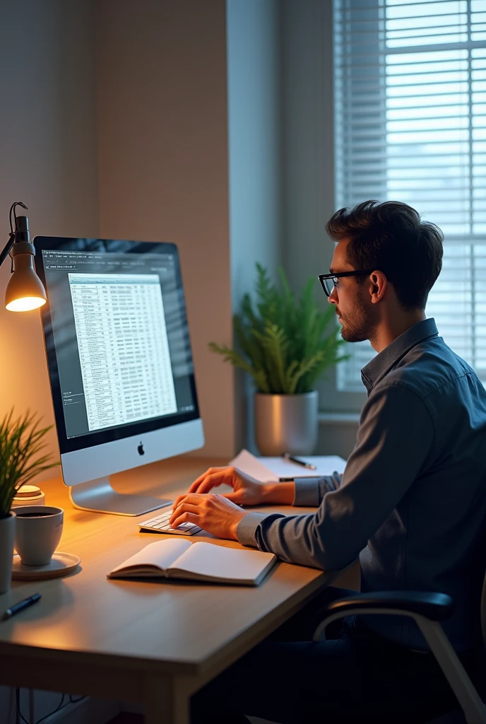 An office scene sitting at a desk, focused on data entry work. The person is typing on a computer keyboard with spreadsheets or data fields visible on the monitor. The environment is organized, with a cup of coffee, a notebook, and a pen on the desk. Soft lighting from a nearby lamp casts a warm glow, and the person appears attentive and absorbed in the task. The background features a window with blinds partially open, letting in natural light