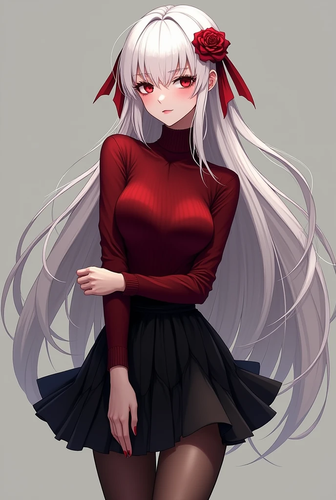 Beautiful anime woman with white hair and blood red eyes. Wearing a dark red turtleneck sweater tucked into a short black skirt, and pantyhose with high heels. She has some of her hair pinned back. A rose and some red ribbons decorate her hair.