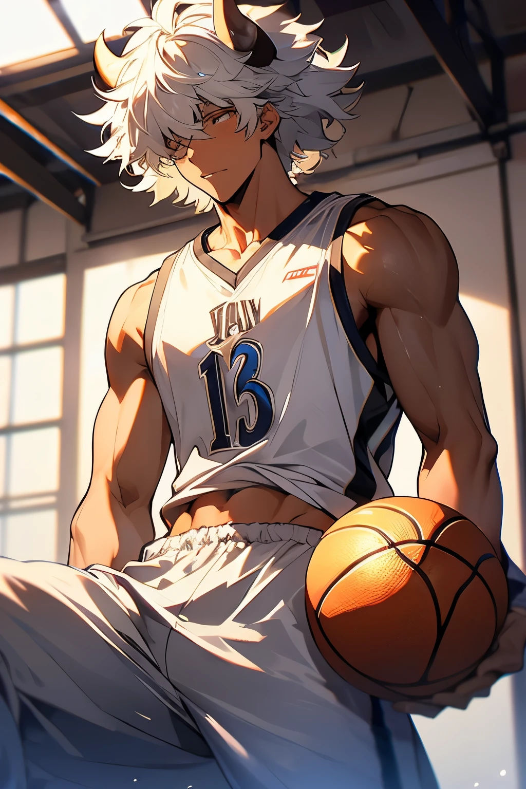 White-haired boy,curls,dark skin,There are short brown horns on the head,Wear loose sweatpants,Abdominal muscles,play basketball,Delicate boy face,20 years old