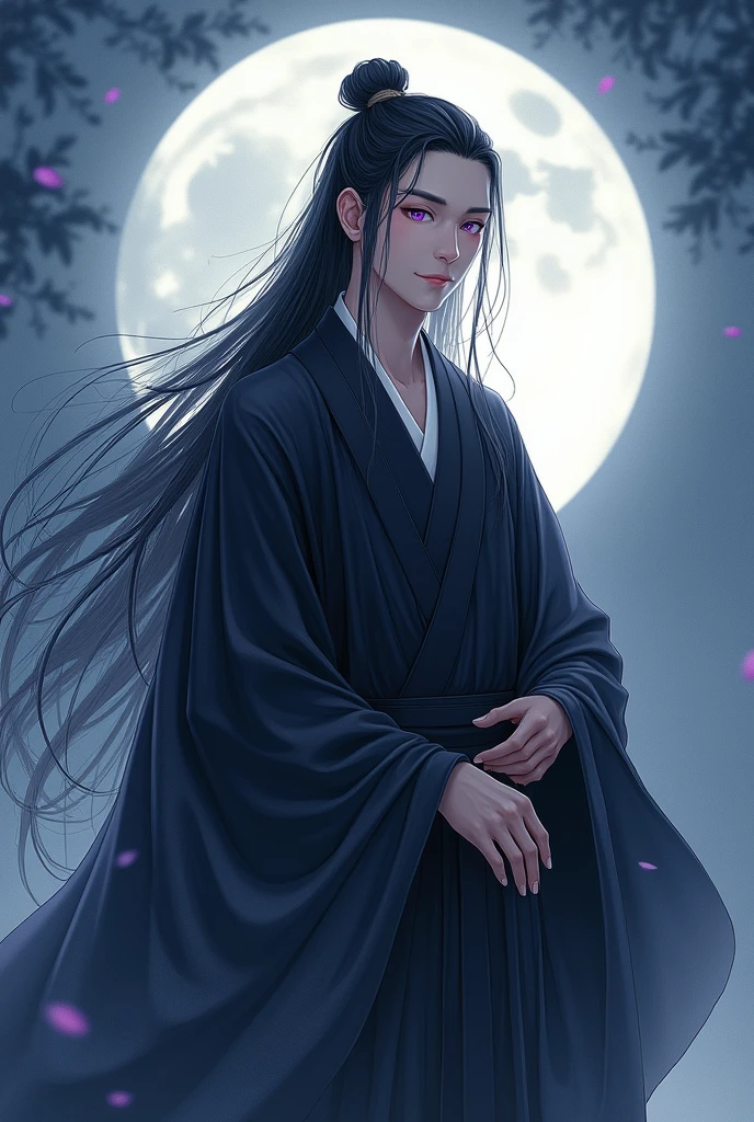 The male,Male,Black Hanfu,long black hair,Long flowing hair,Wide robe with large sleeves,Ancient wind,Solid color clothes,The clothes do not have any patterns,laughingly,softlighting,water ink,Behind it is the full moon,low-saturation,low-contrast,led floodlights, Purple eyes