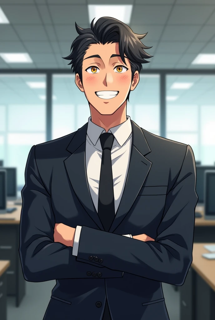 1 adult male, Contractor, Wearing a suit, pleasant, black hair, Yellow eyes, laughing, highest quality, black tie, In the office, Anime art style, uncle, 40s