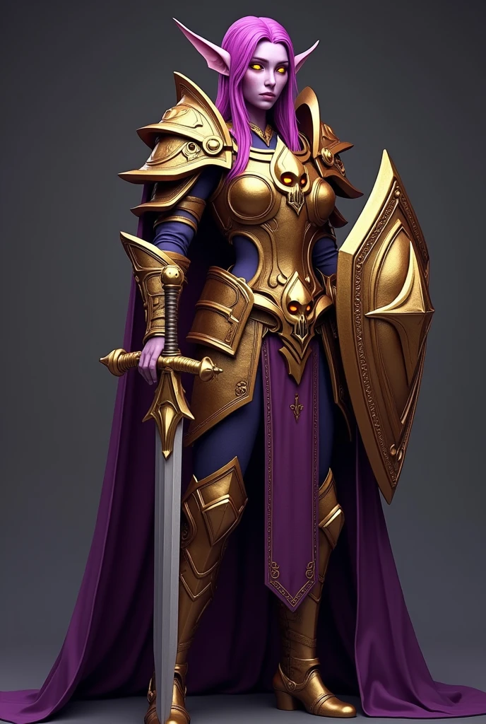 Tema del juego World of Warcraft Imagen de una elfa edad 32 de cabello Rubio de pie sosteniendo su espada y escudo favoritos, purple Skin,blood elf Paladin Wow, Long elf ears, bright glowing Golden eyes, Golden extremely intrincate shiny metal Armor, Golden Pauldrons, Golden skull Pauldron, Gold and purple Chestpiece,golden Gauntlets, Dark purple tabard,  tonos dramáticos. Una obra maestra con la más alta resolución. , Tipo de imagen surrealista,armor metal reflections,Photorealistic, Hyperrealistic, Hyperdetailed, analog style, detailed skin,soft lighting, subsurface scattering, realistic, heavy shadow, masterpiece, best quality, ultra realistic, 8k, golden ratio, Intricate, High Detail, film photography, soft focus