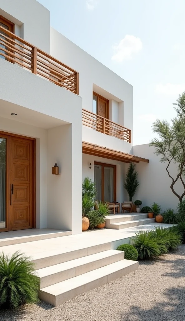 The white exterior walls and wooden components create a clean and harmonious atmosphere.
- Mediterranean-style house with white exterior walls and wooden components
- Plants are placed on the gravel exterior, creating a sense of harmony with nature.
- The stepped entrance approach and wooden railing accentuate the house.
- The balcony and windows on the second floor are distinctive and give the impression of openness.
- Overall, the design is simple yet sophisticated