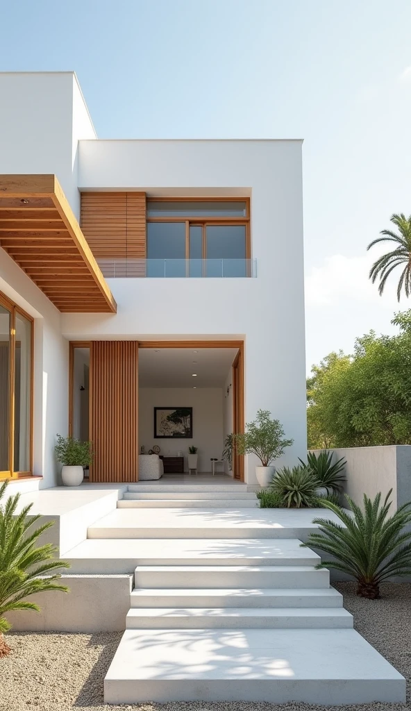 The white exterior walls and wooden components create a clean and harmonious atmosphere.
- Mediterranean-style house with white exterior walls and wooden components
- Plants are placed on the gravel exterior, creating a sense of harmony with nature.
- The stepped entrance approach and wooden railing accentuate the house.
- The balcony and windows on the second floor are distinctive and give the impression of openness.
- Overall, the design is simple yet sophisticated