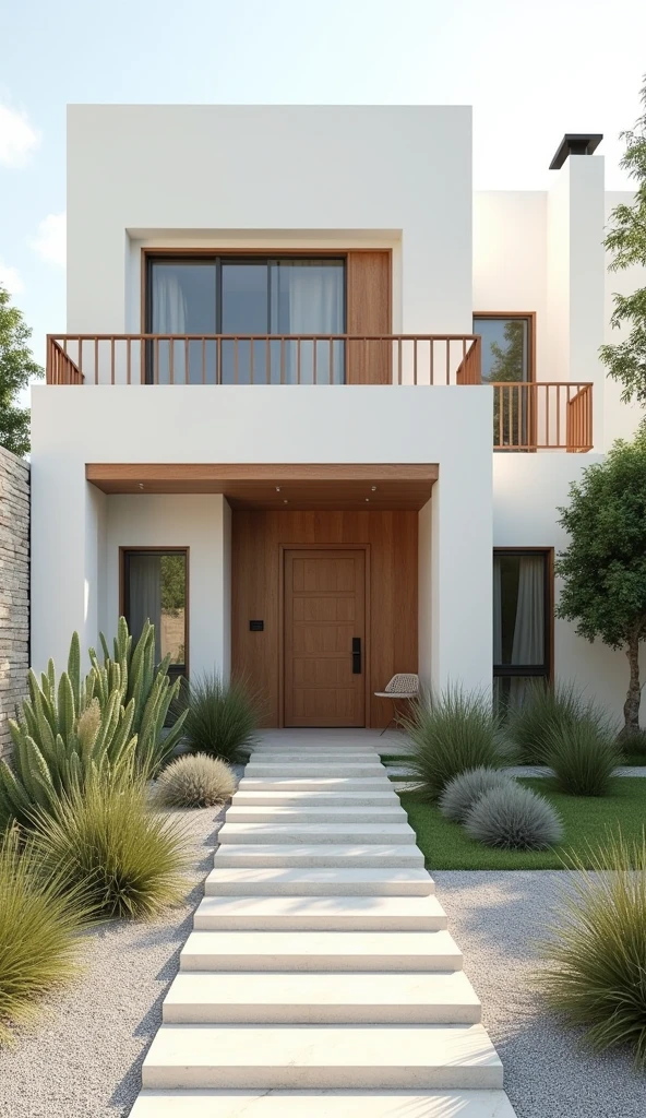 The white exterior walls and wooden components create a clean and harmonious atmosphere.
- Mediterranean-style house with white exterior walls and wooden components
- Plants are placed on the gravel exterior, creating a sense of harmony with nature.
- The stepped entrance approach and wooden railing accentuate the house.
- The balcony and windows on the second floor are distinctive and give the impression of openness.
- Overall, the design is simple yet sophisticated