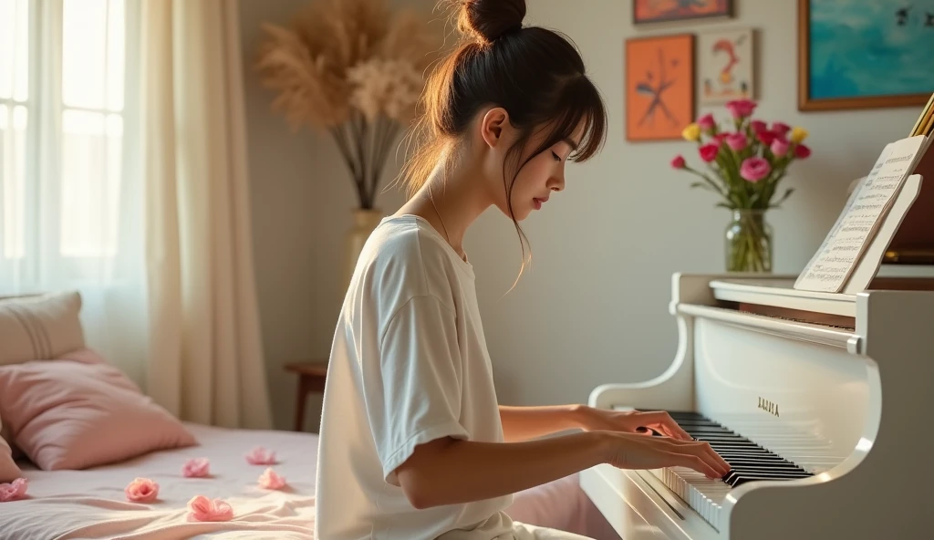 a beautiful tanned japanese woman wearing white messy loose t-shirt, with messy bun hair highlighted brown, seen playing her white grand piano in her girly living room in her apartment in 24th floor, broken white wall in her room with paintings on the wall and pink rose petals on the bed too, glitters and particles and nice lighting, UHD, HDR, 8k, Masterpiece