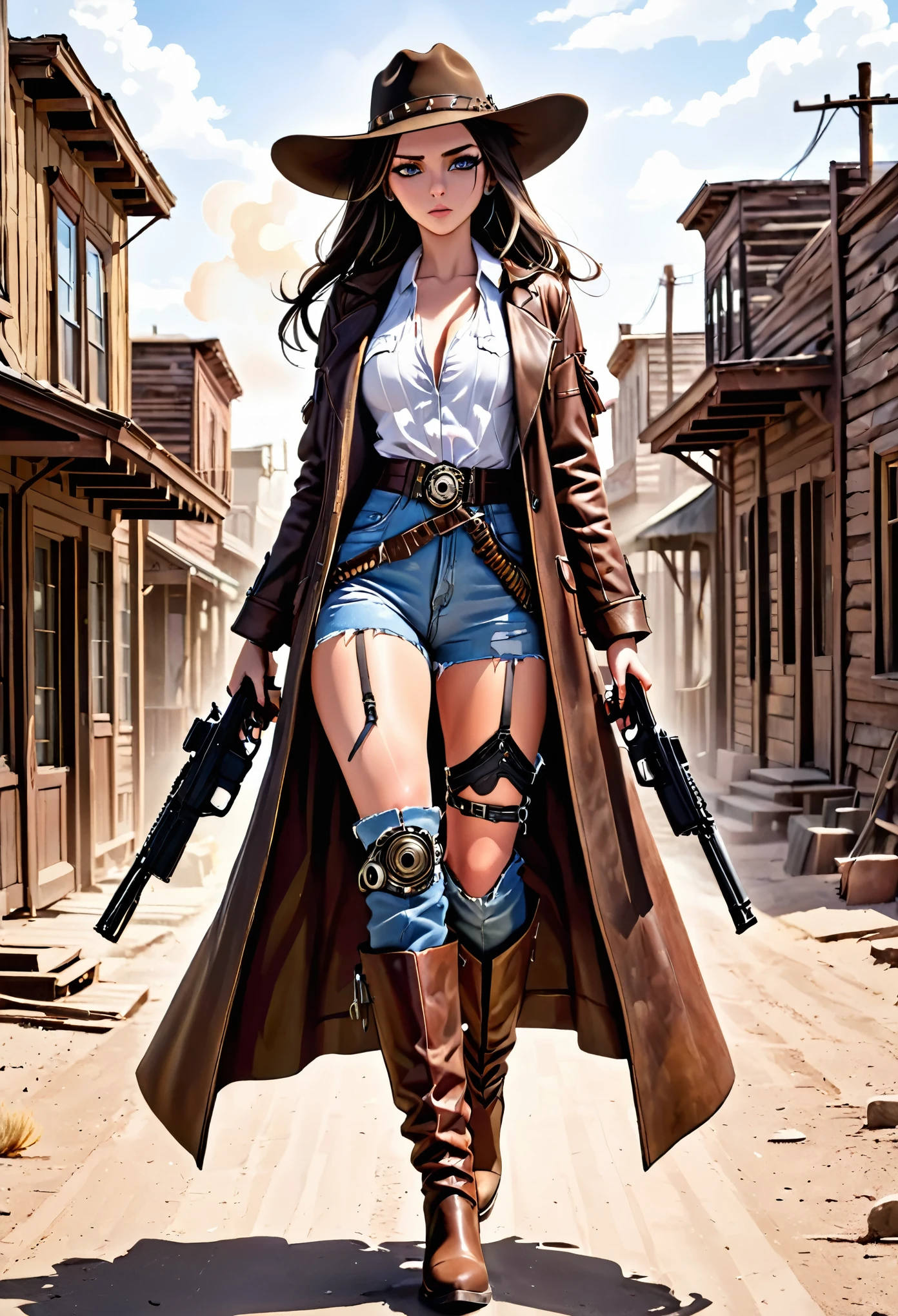 (((full body photo)))  1girl, cowgirl, long hair, shirt, vest, jean shorts, holster, arms behind back, ropes, shibari over clothes, otm gag, portrait, graphic novels illustration 