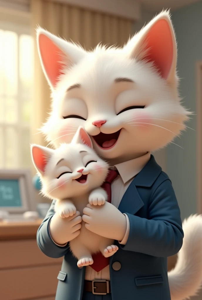 The small white cat's father white cat in suit had adopted the cat in the hand in hospital in happy mood.