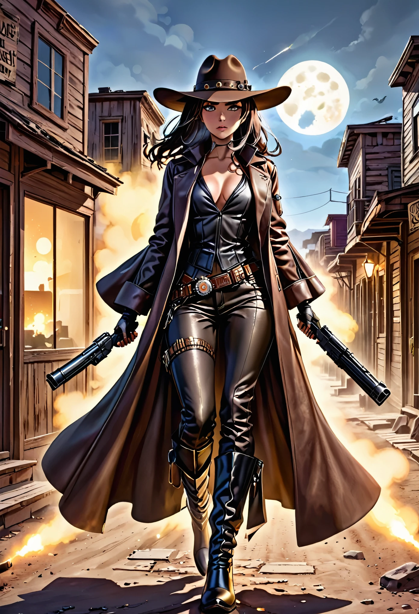A four armed cowboy cyborg (lit eyes, cowboy hat, leather duster, guns, obviously mechanical. cowboy boots), gunslinger walk down middle of a ghost town, shootout with bandits