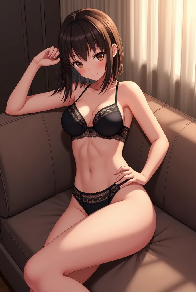 Japanese anime of a beautiful brunette girl with brown eyes and shoulder-length hair wearing sexy, see-through black lingerie lying on a sofa