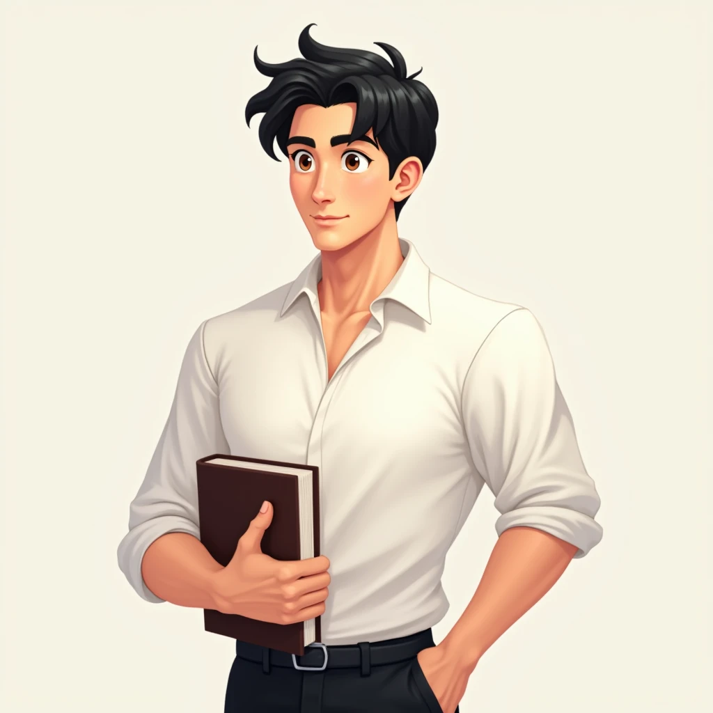 full HD image, clear, animated 20 year old man, black hair, brown eyes, curtain hair style, wearing a white shirt, black trousers, holding a book, sturdy and dashing body, handsome and cool face

