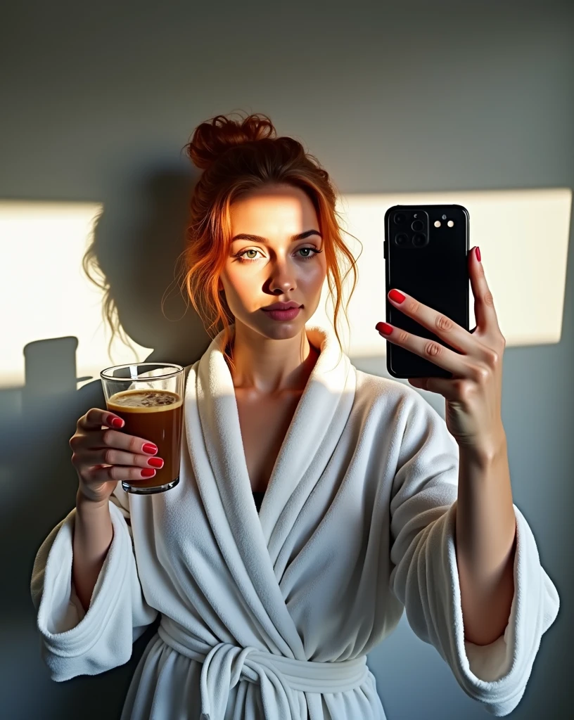 “A young woman with reddish-orange hair tied back, standing against a plain wall. She is holding a glass of iced coffee in one hand and a black smartphone in the other, taking a mirror selfie. She is wearing a white bathrobe, with soft lighting casting a warm, natural glow on her face. The overall mood is relaxed and casual, with attention to detail on her makeup, which is natural, and her nails, which are painted red.”