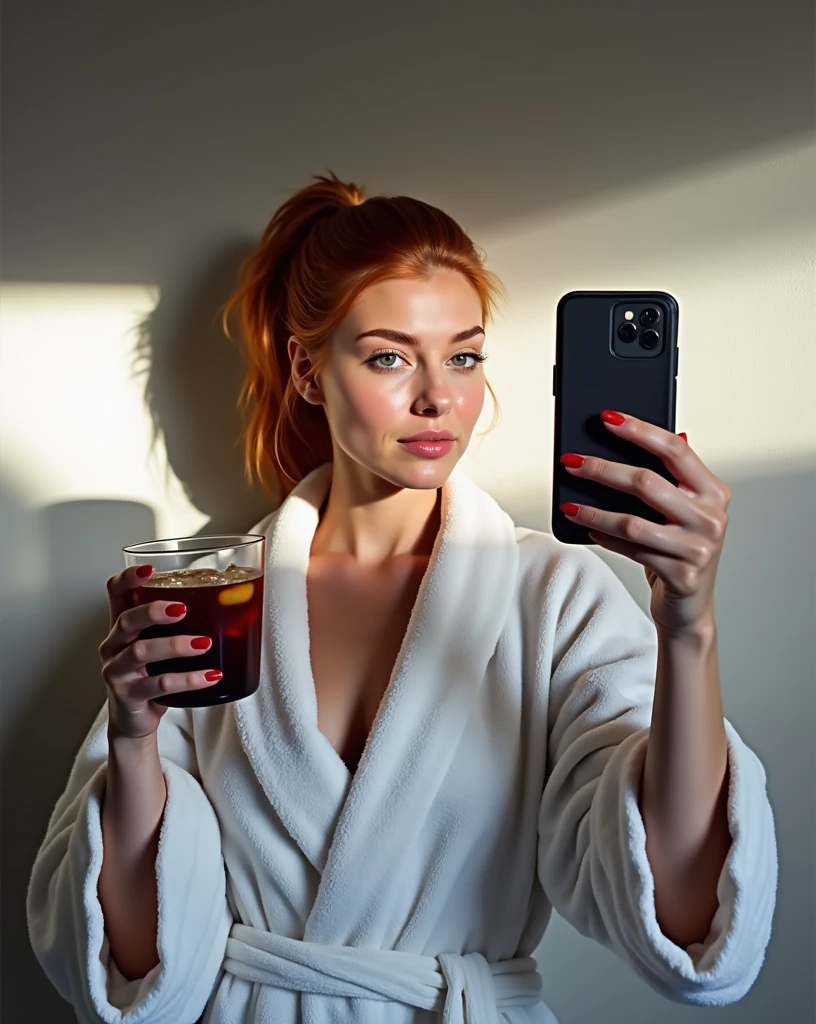 “A young woman with reddish-orange hair tied back, standing against a plain wall. She is holding a glass of iced coffee in one hand and a black smartphone in the other, taking a mirror selfie. She is wearing a white bathrobe, with soft lighting casting a warm, natural glow on her face. The overall mood is relaxed and casual, with attention to detail on her makeup, which is natural, and her nails, which are painted red.”