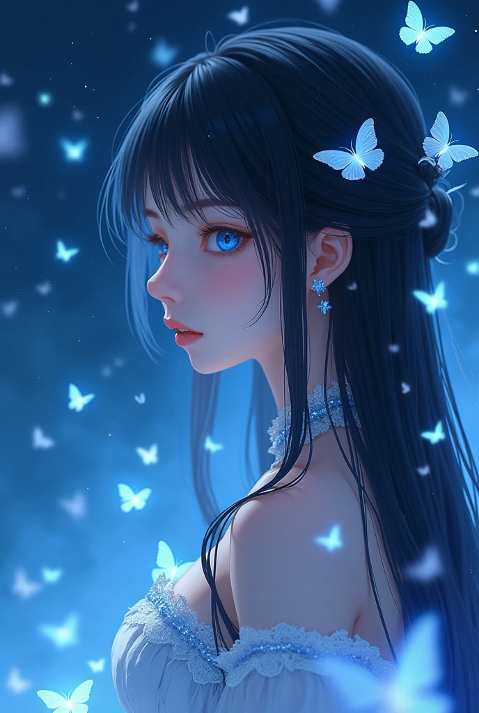 (Masterpiece),(4K Anime),High quality,1 woman,((long black hair)),conjunctivitis,White clothes decorated with blue,Many glowing white butterflies, night sky,High imagination,Anime art wallpaper 4k, Beautiful anime artwork, Beautiful anime art, beautiful fantasy anime, Beautiful digital artwork,(high contrast), Equally beautiful,movie lights,Glance to the side,from the side,cowboy shoot