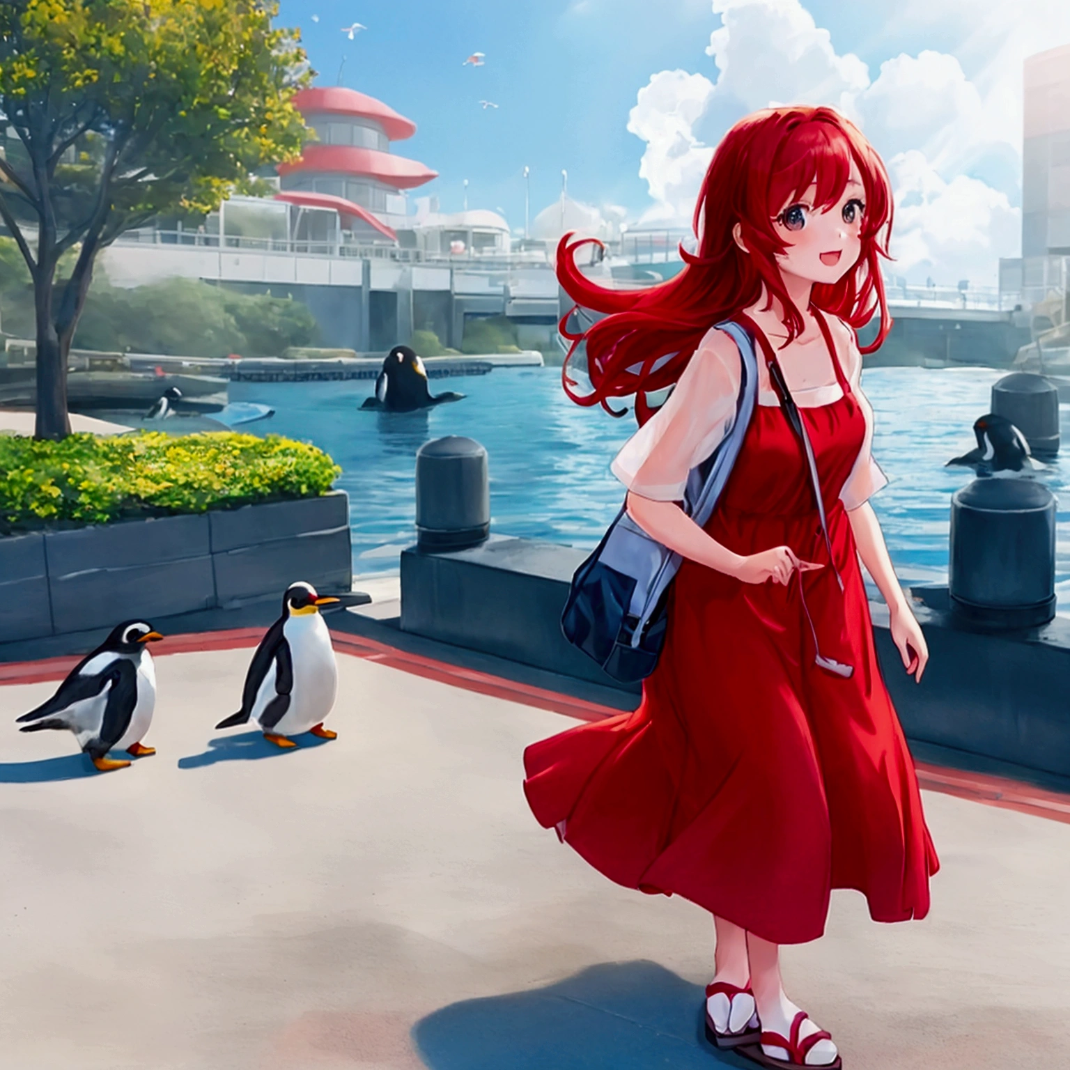 1 girl, Walking with penguins at the aquarium, cute 20-year-old girl, medium-length red hair, sun dress, looking like she's having fun, cute scenery,high resolution,best quality, The best quality skin Japanese anime