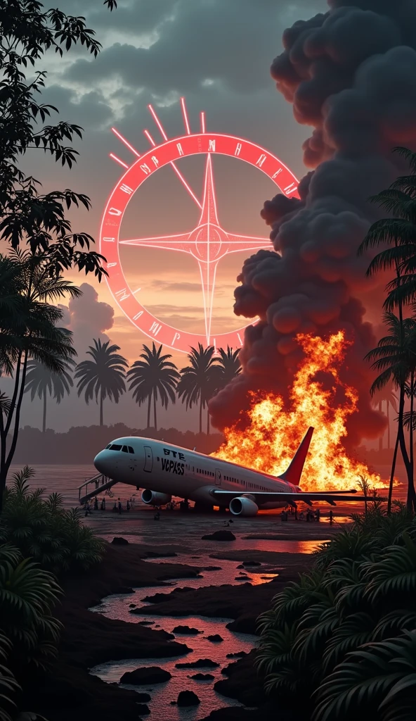 “A fiery crash scene in a dense jungle at twilight. Smoldering wreckage from the Voepass plane is scattered across the ground, with pieces of the fuselage twisted and charred. Thick, black smoke billows upward, engulfing the scene in chaos. In the foreground, a wing fragment bearing the Voepass logo is partially buried in the debris. Flames lick the trees, casting an orange glow over the wreckage. Overhead, a large red warning symbol and jagged radar lines streak across the sky. The title reads ‘Voepass Tragedy: Disaster in the Sky’ in bold, shattered letters with an explosive visual effect.”