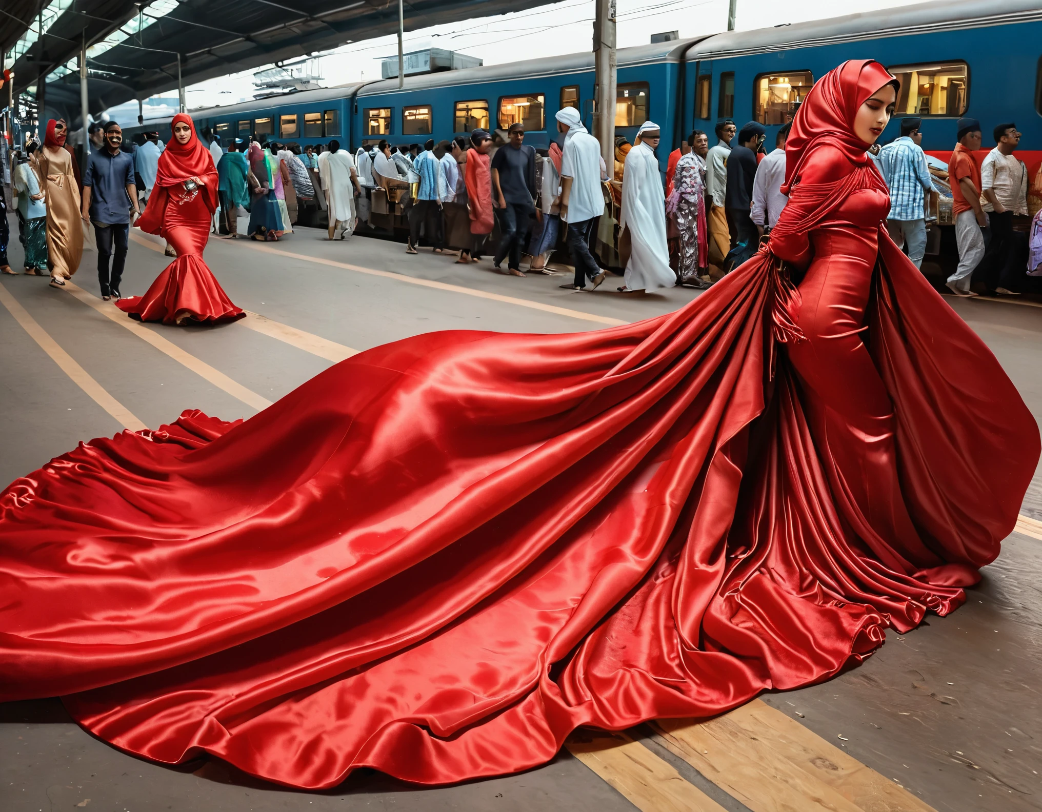 A woman shrouded in a 4-meter-long, plush red satin cloth, tightly bound and grandly draping along the form of her body, flowing off into a pooled floor-length train, styled in a mermaid-inspired outfit, her head modestly veiled in a satin hijab, tall woman, walking in market, a full-body pose posing in front of people, captured in a 4k resolution, ultra-realistic