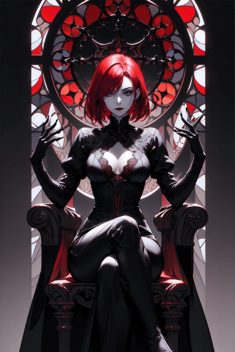 Vampire woman with red hair and blue eyes,short hair, young,(((Oval face))),Dark clothing,Soft and melancholy face,Beautifully,No wrinkles,Gothic style,Synthwave meets Art Nouveau,Bold and smooth lines,Dynamic composition of organic Art Nouveau patterns,Characters that embody vampires Mysterious Gothic atmosphere,Feminine but calm expression,Art Nouveau pattern dress,Digital grid landscape with natural forms,Neon-like outline effect reminiscent of stained glass,White background,High contrast,Easy to color,visual clarity,French Art Nouveau,80s vaporwave art style。Maximum details,. Sitting on throne in dark gothic mansion