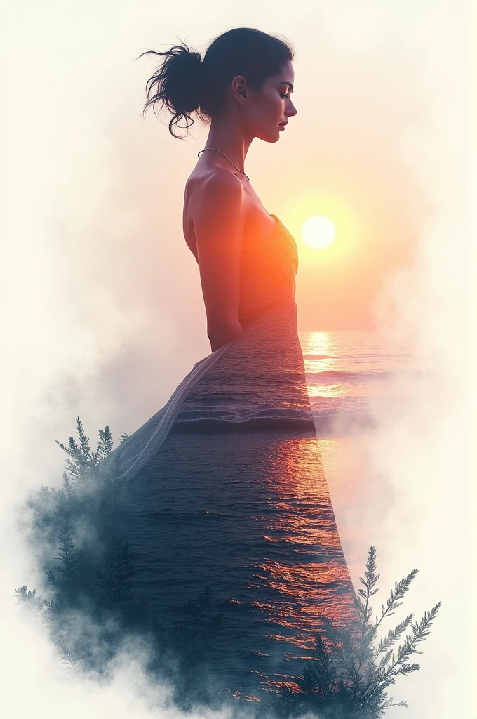 high quality, 8K Ultra HD, A beautiful double exposure that combines an goddess silhouette with sunset coast, sunset coast should serve as the underlying backdrop, with its details incorporated into the goddess , crisp lines, The background is monochrome, sharp focus, double exposure, by yukisakura, awesome full color,