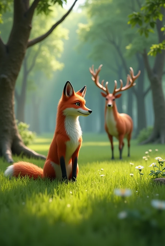 a fox on the background of a green grovedeer with horns side view of a field with green grass in 3D model styles camera view far
