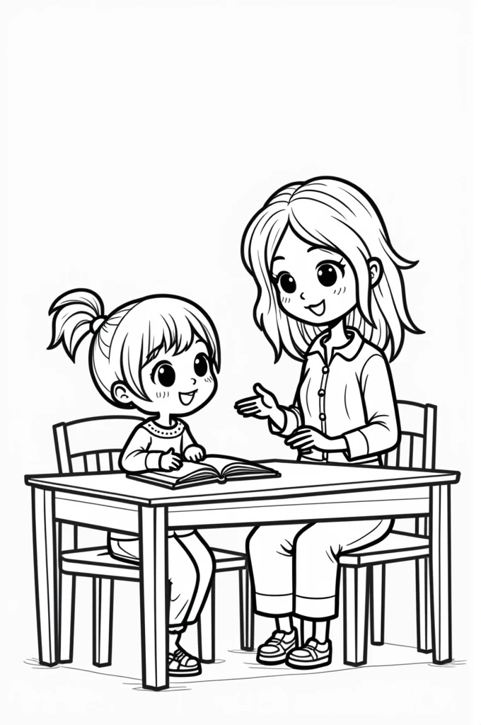 Here’s a concise prompt for an AI image generator:

"Create a coloring page featuring a cartoon-style female teacher sitting and teaching a female student at a table. The student is writing in a book placed in front of her. The scene should have no background, just the characters, table, and book. The faces should be non-realistic and cute, with simple lines and clear shapes for easy coloring."