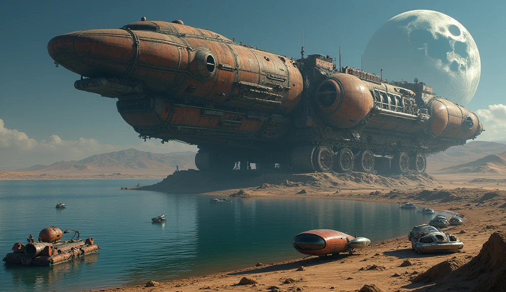 巨大な古代Sandcrawler, Detailed crashed spaceship, Detailed spaceship, movie「Dune」Sandcrawler, Derelict spacecraft, flying scifi vehicle, レトロなSF Spaceship, Very detailed, Ancient crashed spaceship, SF Spaceship, Fallout Airplane Concept Art, Ancient spaceships、lake、Two moons