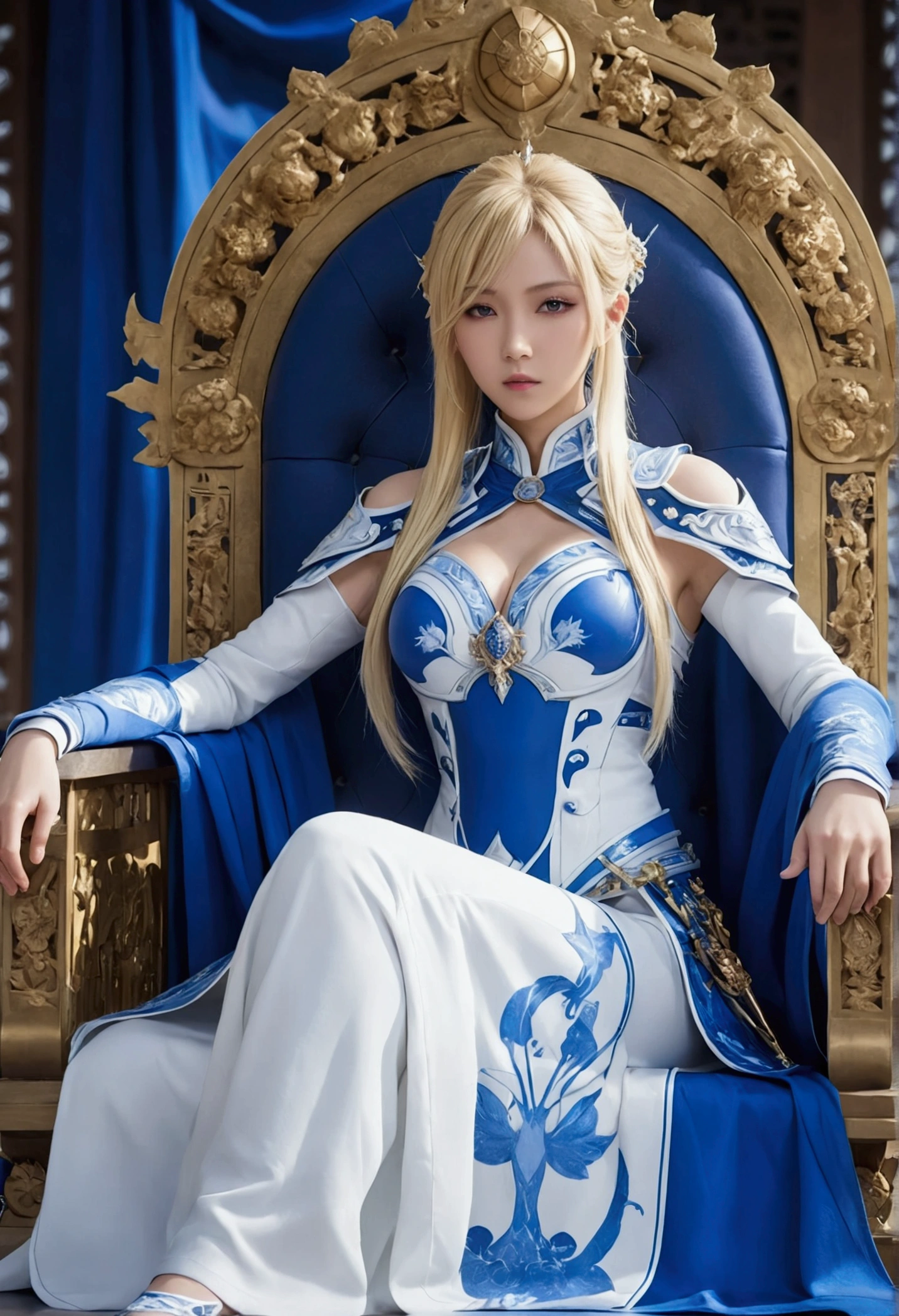 The image features a fantasy anime character, a woman with blonde hair, wearing a blue and white outfit, sitting on a blue and white throne, holding a sword, surrounded by blue and white elements, Memory Core Gongsun Li