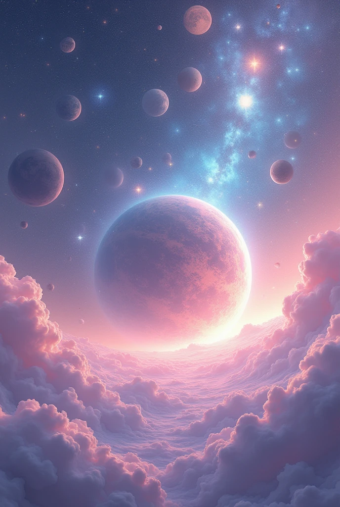 Create a dreamy, ethereal image with numerous celestial bodies in the background. Fill the sky with a multitude of planets, moons, and stars of various sizes and colors, creating a rich and diverse cosmic landscape. At the bottom of the image, show half of a large planet's surface. This planet should be significantly larger than the background elements and only its upper half should be visible, occupying the lower part of the frame. Add a soft, misty glow around the celestial bodies and use a pastel color palette to enhance the dreamlike atmosphere. Include some swirling, translucent clouds or nebulae to create a sense of magic and wonder, interweaving them among the many planets and stars.
